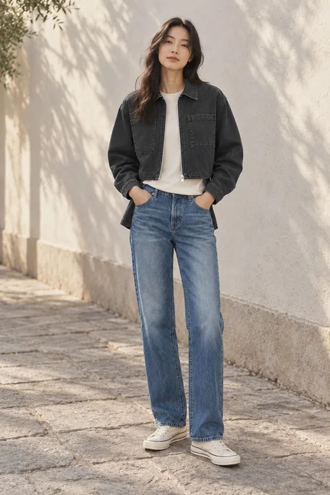 같은 사람이 Cropped Utility Jacket을 입은 모습. 제품이 위 두 장으로 생성한 실제 결과다.